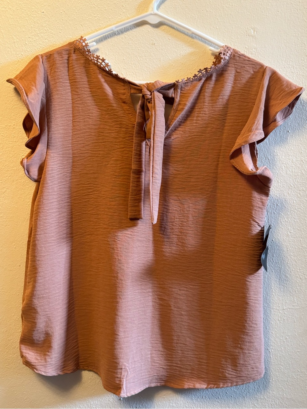 MiNE Rust Flutter Sleeve V-Neck Lace Trim Blouse – Boho Chic Back-Tie Top- M - Picture 2 of 9